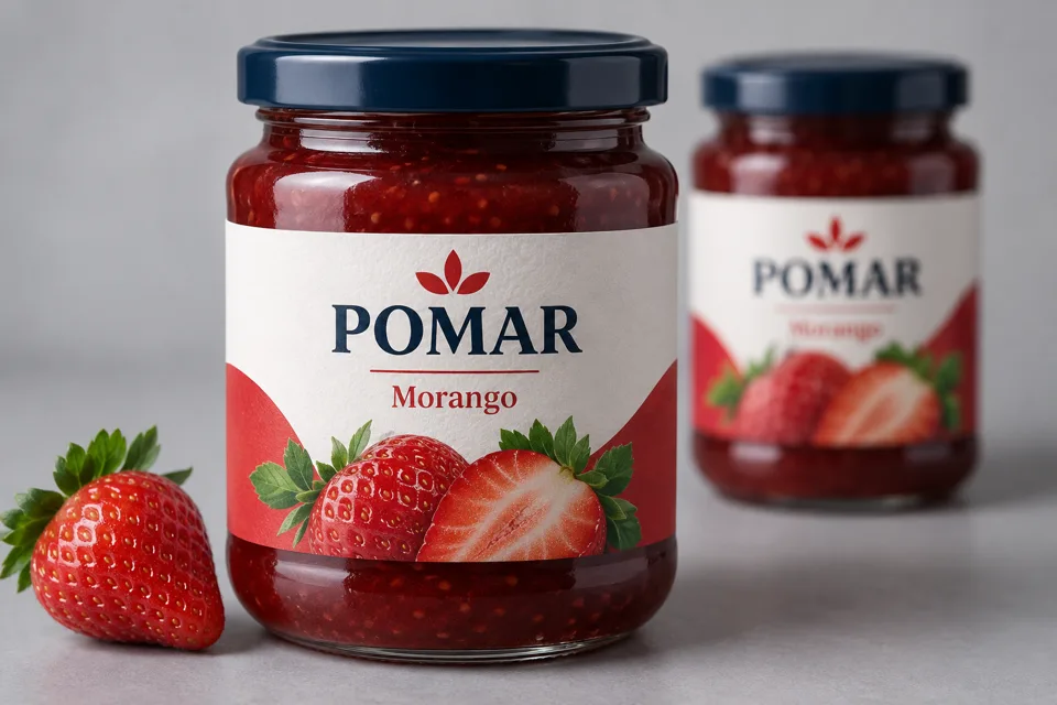 Conceito gerado por IA: frascos de compota com etiqueta POMAR